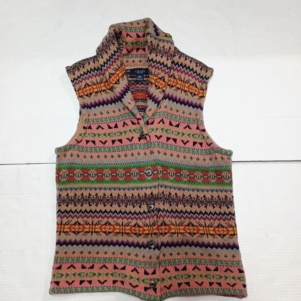 Vtg Y2K Chaps Small Cotton Rainbow Colorful Fairisle Sweater Vest Button Small